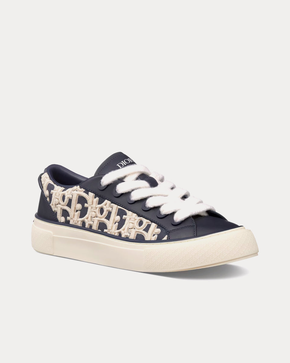 Dior B33 Navy Blue Smooth Calfskin and Cream Dior Oblique Raised Embroidery Low Top Sneakers