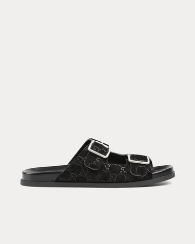 Gucci Slide Buckle GG Suede Black Sandals