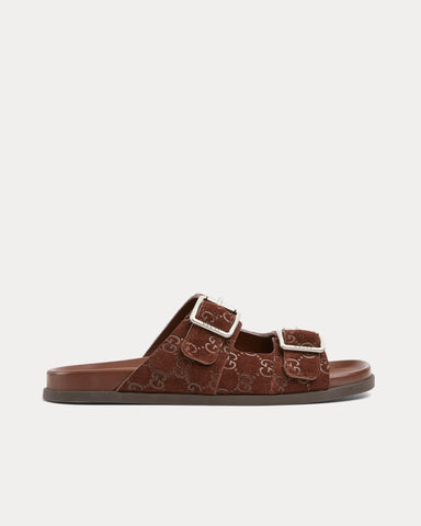 Gucci Slide Buckle GG Suede Brown Sandals
