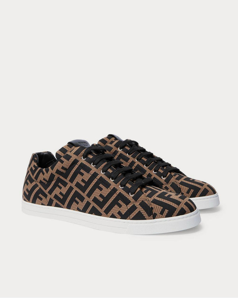 Leather-Trimmed Logo-Jacquard Mesh Brown low top sneakers
