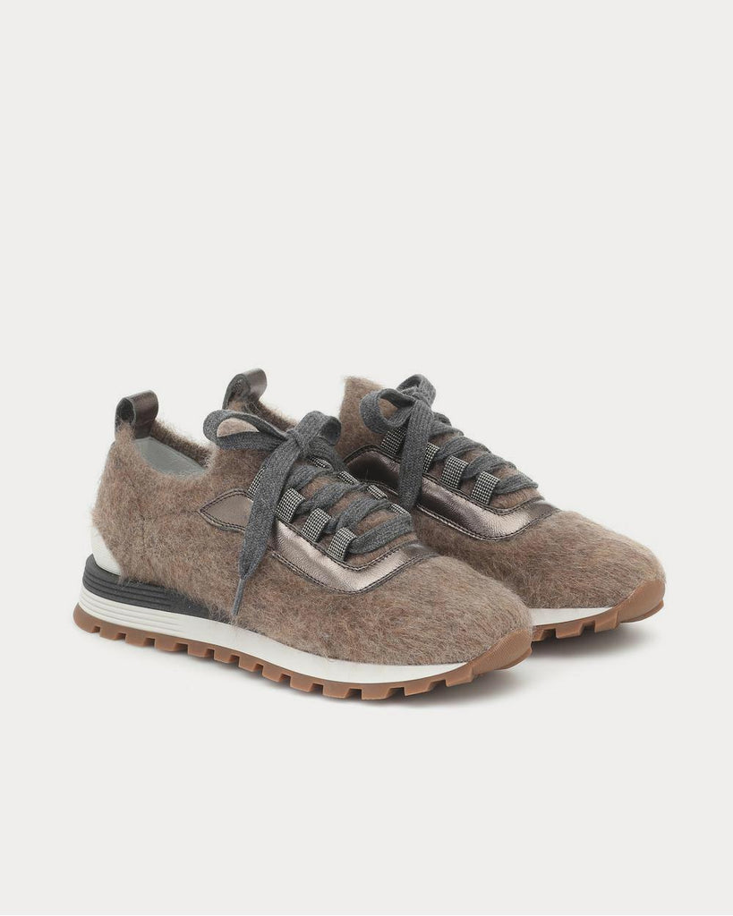 Leather-trimmed mohair Dk Beige Low Top Sneakers