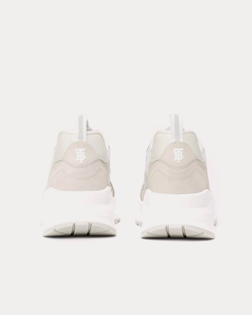 Logo Print Leather, Suede & Check Mesh White Low Top Sneakers