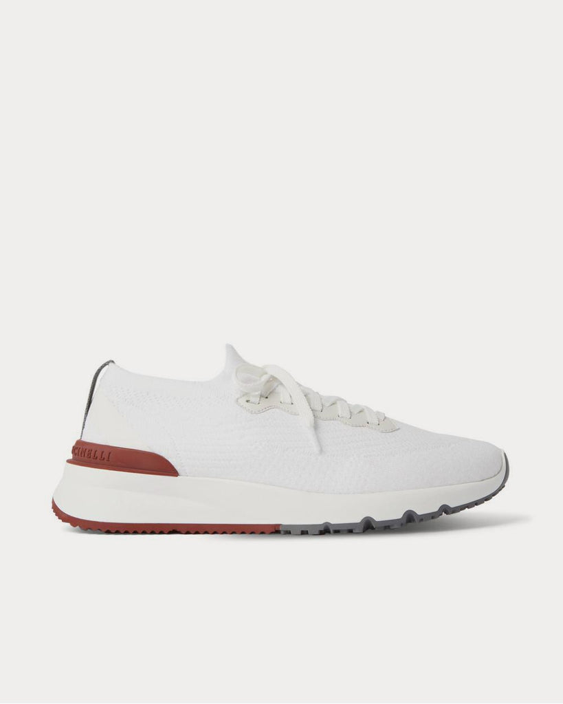 Leather-Trimmed Stretch-Knit White low top sneakers