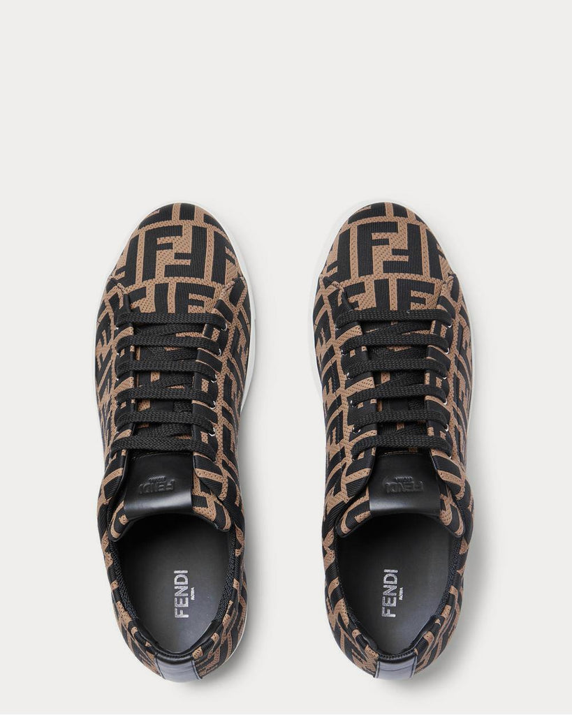 Leather-Trimmed Logo-Jacquard Mesh Brown low top sneakers