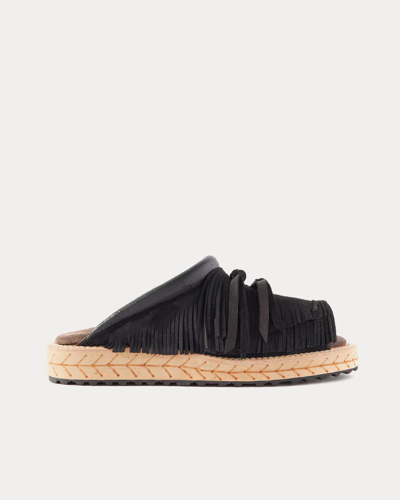 Fringed Leather Suede Black Sandals