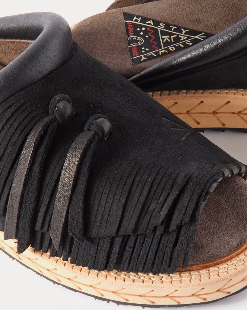 Fringed Leather Suede Black Sandals