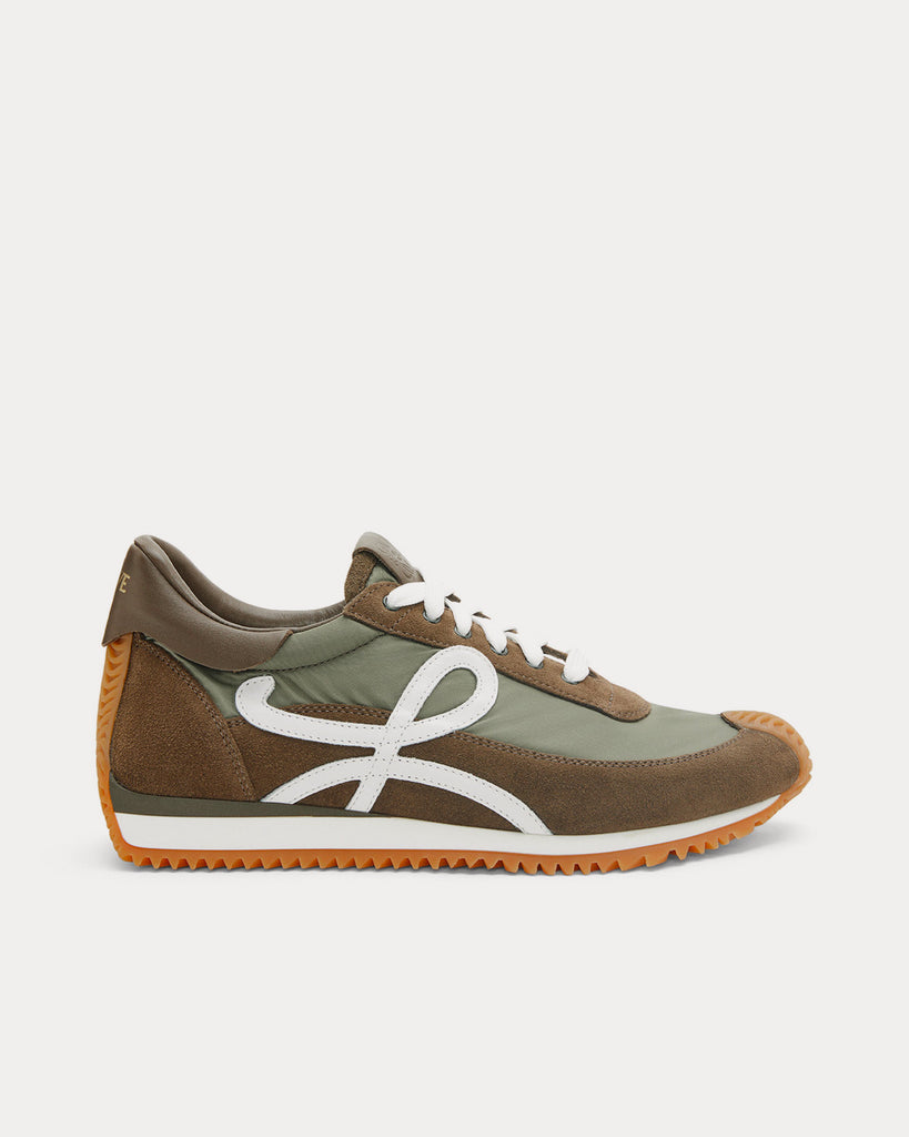 Flow Runner in Nylon & Suede Dark Khaki Green Low Top Sneakers