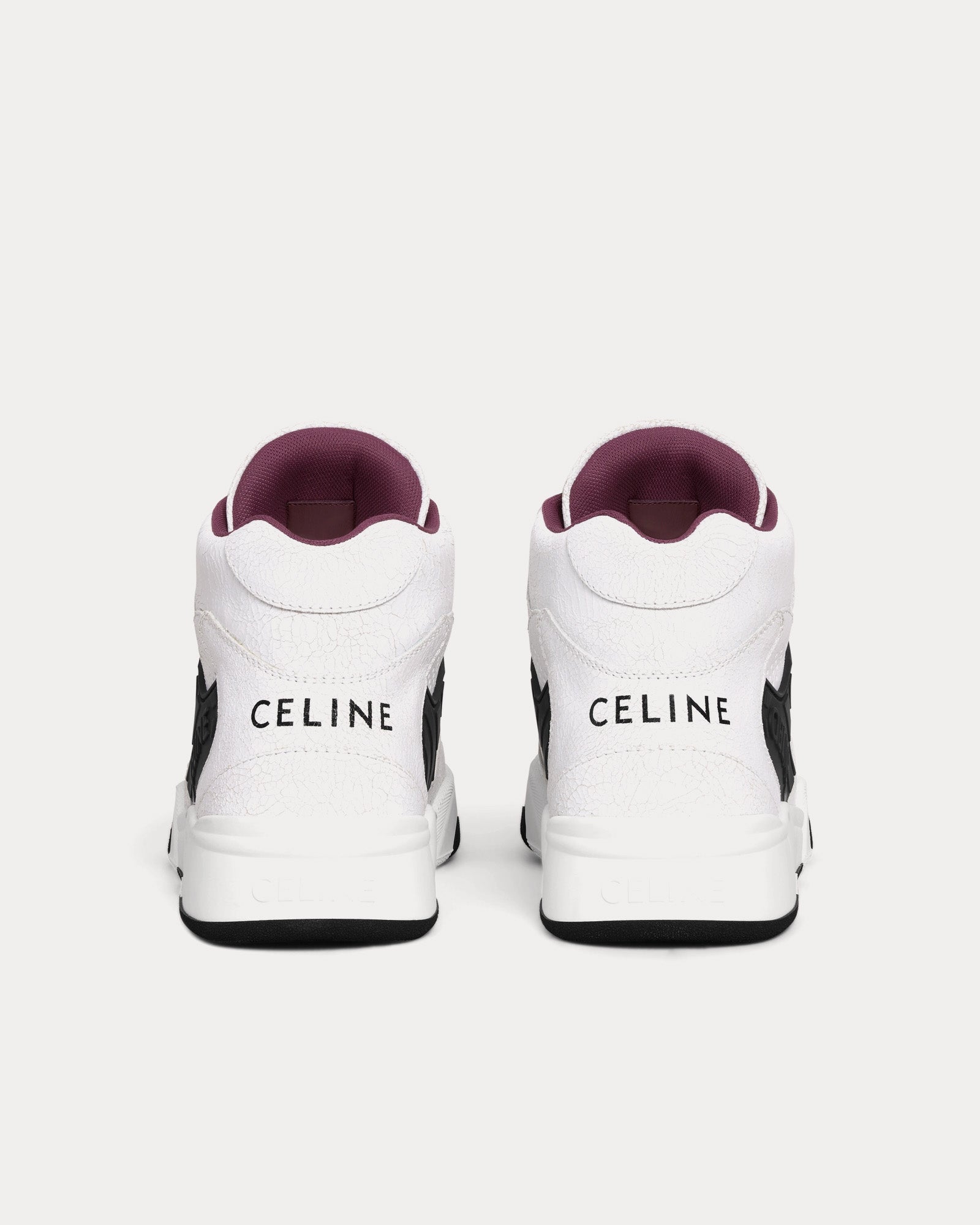 Celine - CT-06 Crackled Calfskin & Suede White / Black / Purple High Top Sneakers