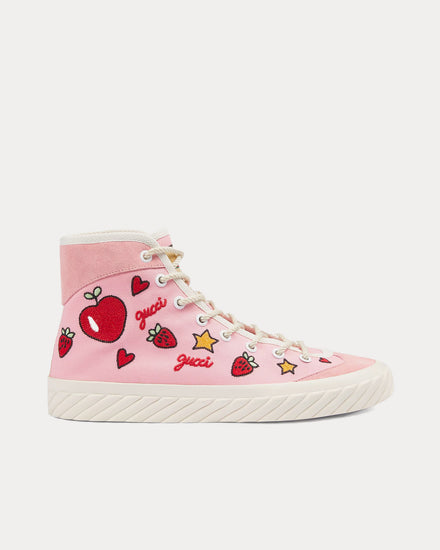 Gucci Heart, Star & Strawberry Embroidered Canvas Pink High Top Sneakers - 1