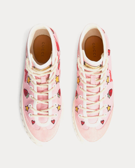 Gucci Heart, Star & Strawberry Embroidered Canvas Pink High Top Sneakers - 2