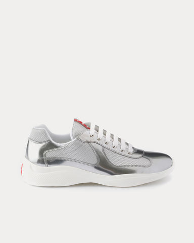 Prada America's Cup Metallic Leather & Bike Fabric Silver Low Top Sneakers