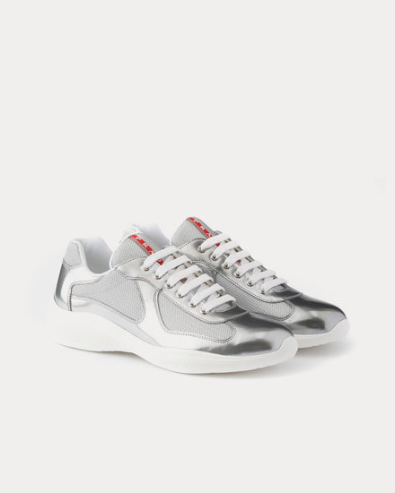 Prada America's Cup Metallic Leather & Bike Fabric Silver Low Top Sneakers - 3