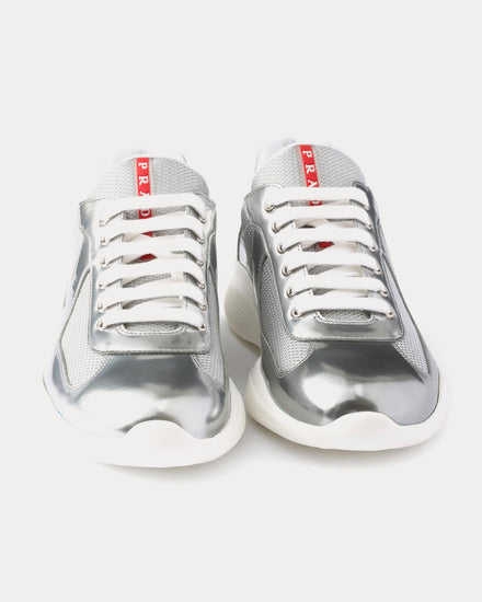 Prada America's Cup Metallic Leather & Bike Fabric Silver Low Top Sneakers - 5