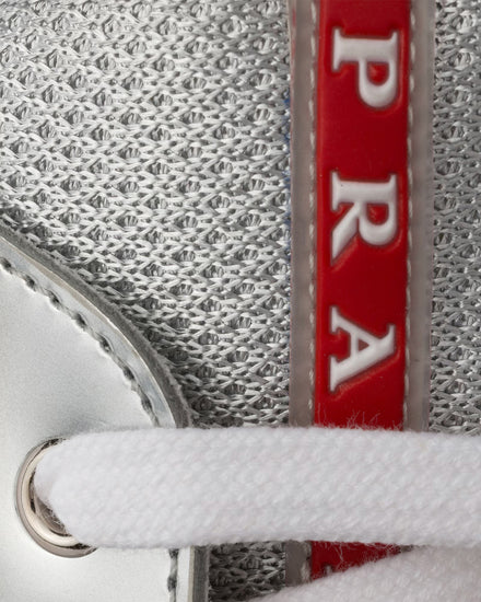 Prada America's Cup Metallic Leather & Bike Fabric Silver Low Top Sneakers - 6