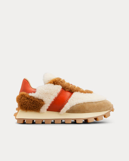 Tod's 1T Sheepskin Beige / Brown / Red Low Top Sneakers - 1