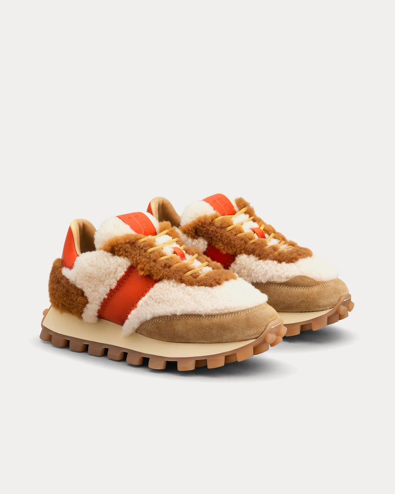 Tod's 1T Sheepskin Beige / Brown / Red Low Top Sneakers - 2