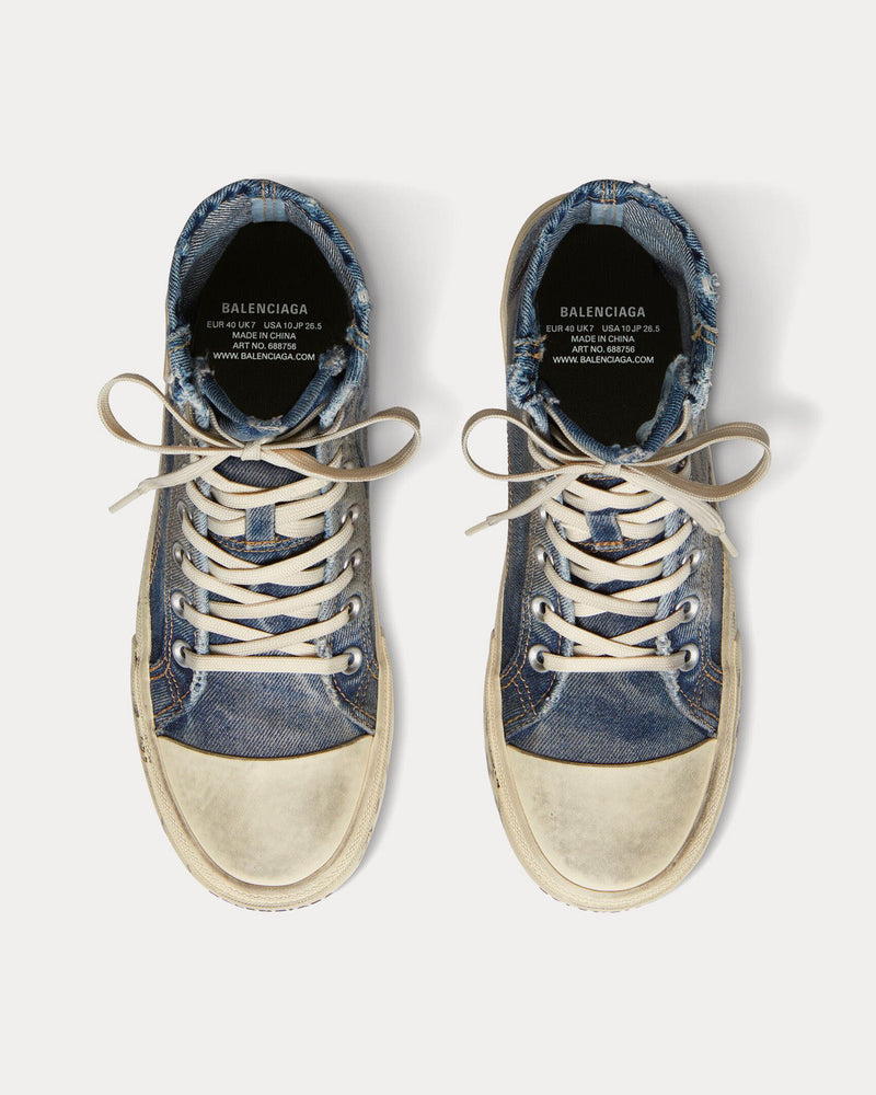 Balenciaga Men's Paris Destroyed Denim & Rubber Blue High