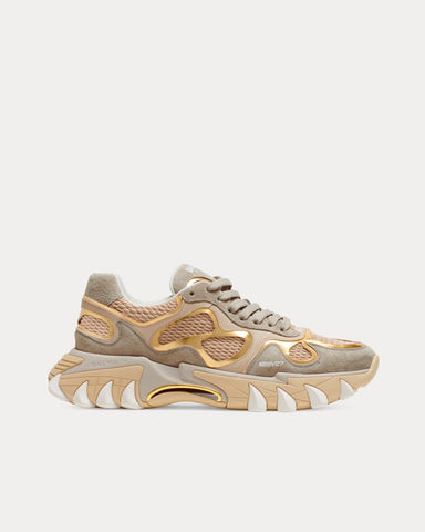 Balmain B-East Leather, Suede & Mesh Gold Low Top Sneakers