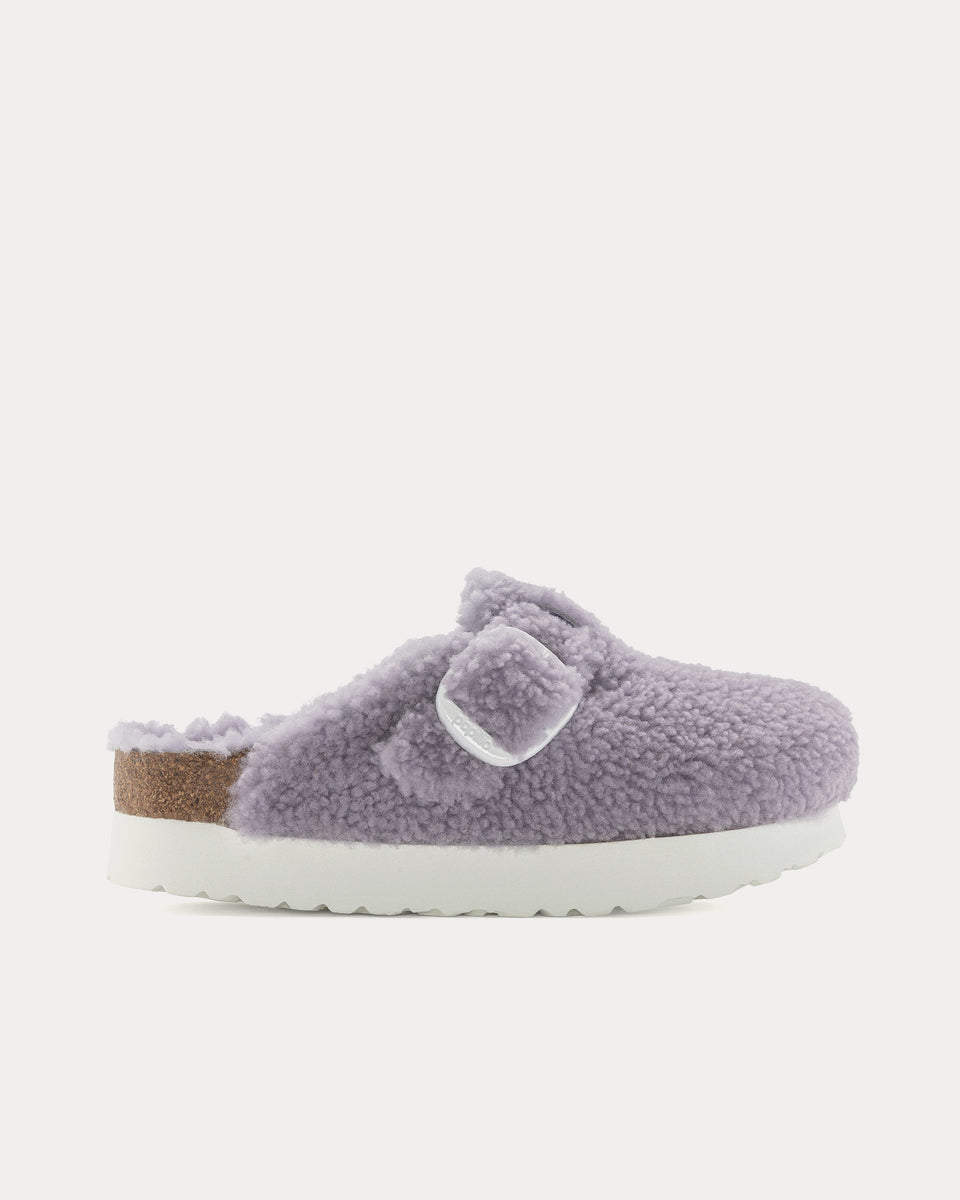 Birkenstock Boston Big Buckle Platform Shearling Purple Fog Mules - Sneak in Peace