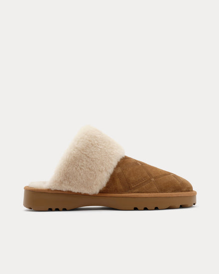 Burberry Flint Check Shearling Jute Beige Slippers - 1