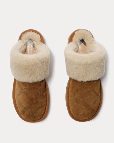 Burberry Flint Check Shearling Jute Beige Slippers - 2