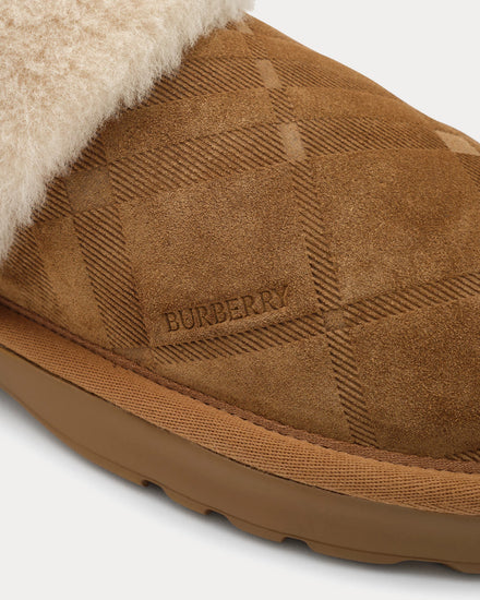 Burberry Flint Check Shearling Jute Beige Slippers - 6