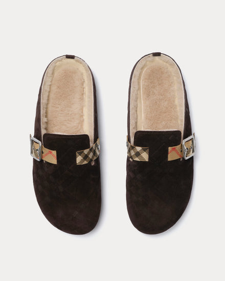 Burberry Urchin Check Shearling Moorhen Brown Clogs - 2