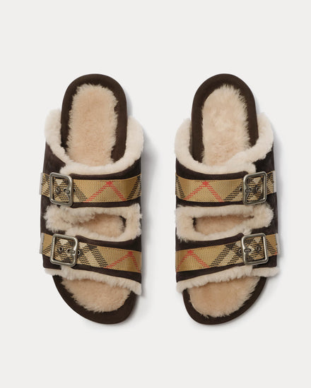 Burberry Urchin Check Shearling Moorhen Brown Sandals - 2
