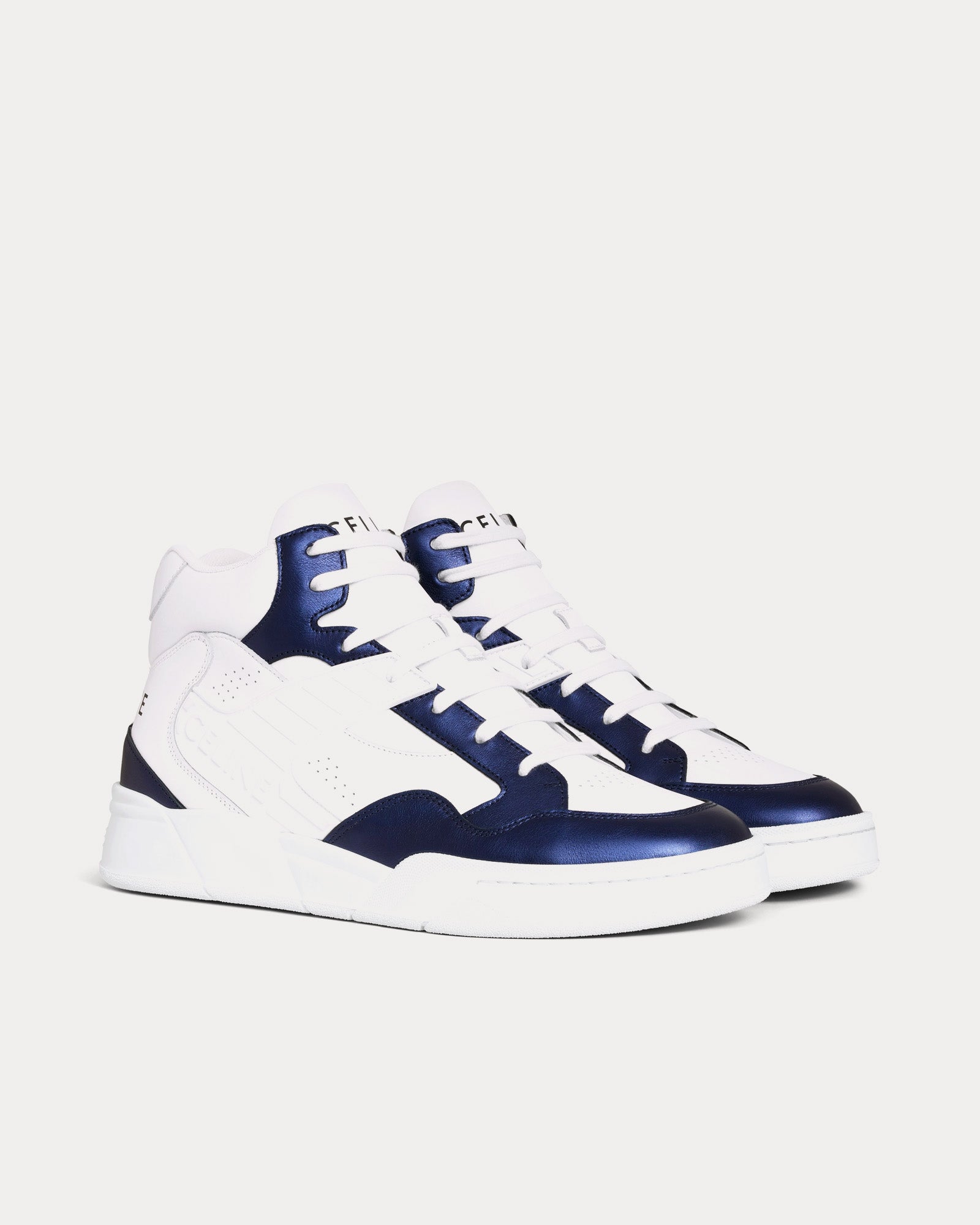 Celine - CT-06 Calfskin & Metallic Calfskin Optic White / Blue High Top Sneakers