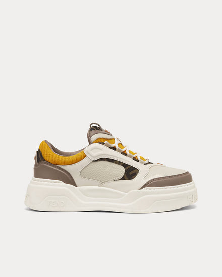 Fendi Force Leather White / Brown / Yellow Low Top Sneakers - 1