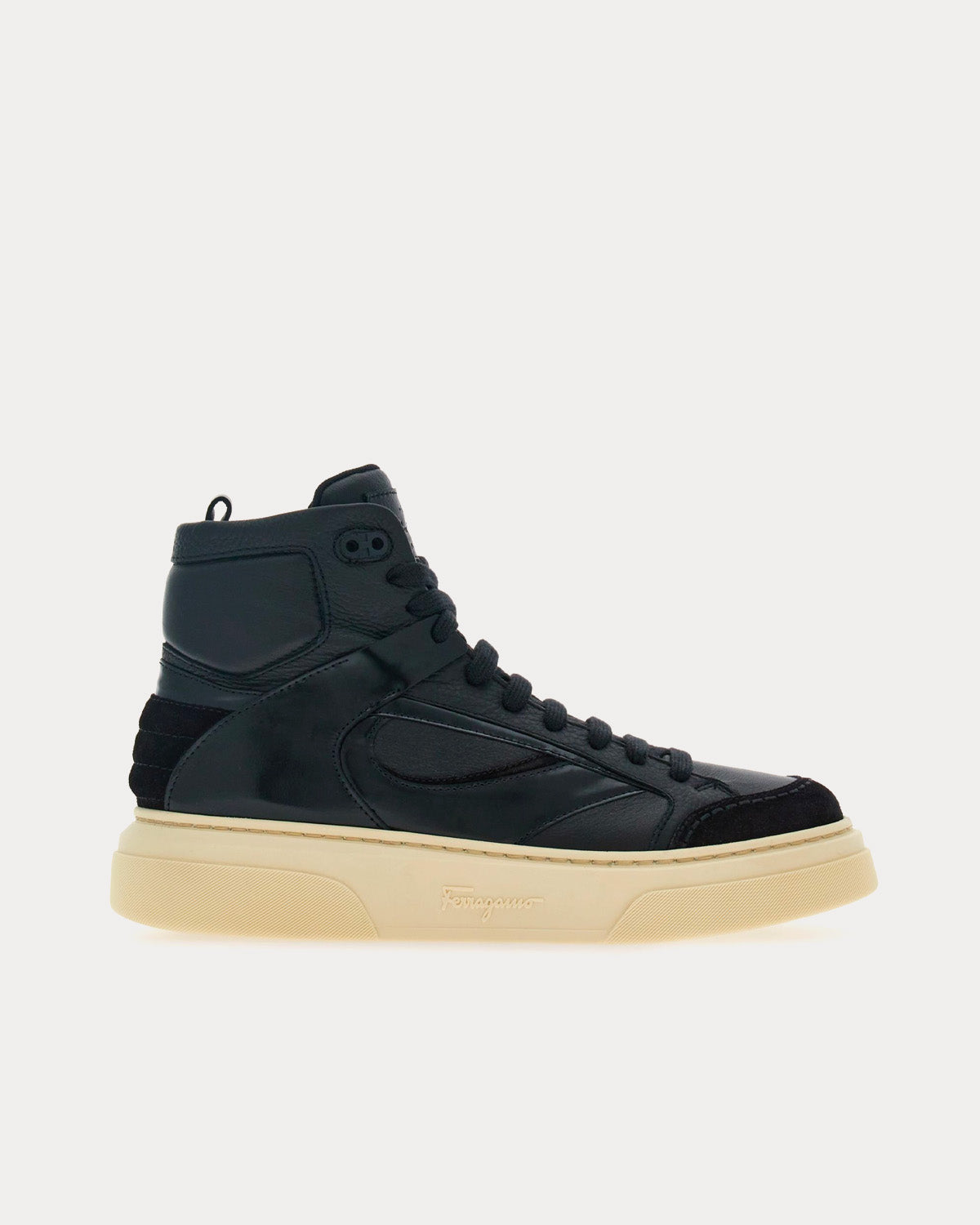 Ferragamo Men's Cut Out Leather Black High Top Sneakers