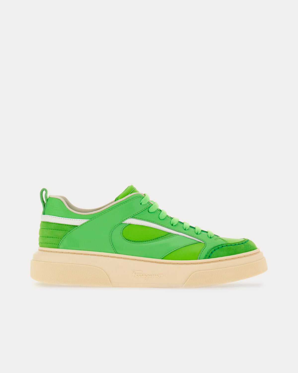 Ferragamo Men's Cut Out Leather Lime Green Low Top Sneakers