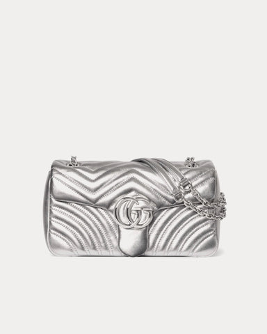 Gucci GG Marmont Medium Shoulder Bag in Silver Lamé Leather