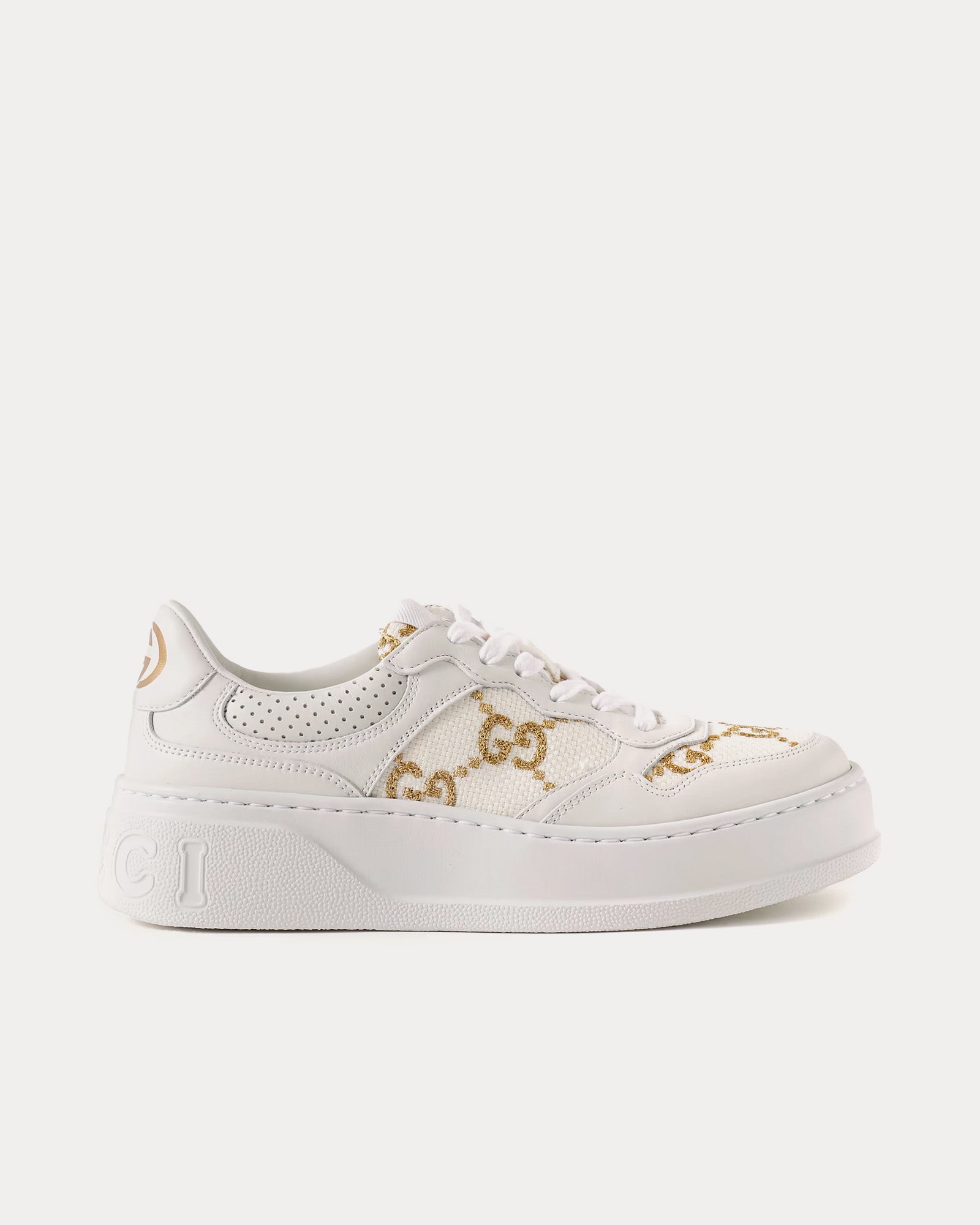 Whits and gold Gucci sneaker Gucci Metal GG logo White Leather Sneakers Sz 12 – Wopsters  main image 3
