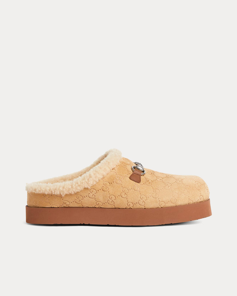 Gucci Horsebit with GG Suede Light Beige Mules - 1