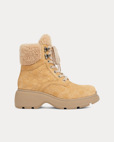Gucci Lace-Up GG Suede Beige Ankle Boots