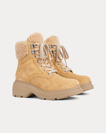 Gucci Lace-Up GG Suede Beige Ankle Boots - 3