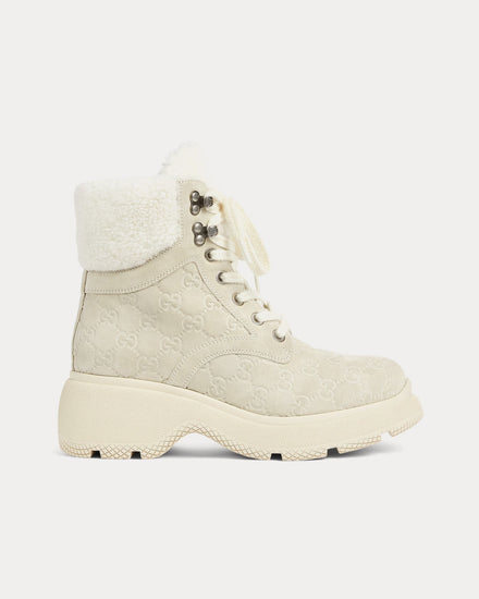 Gucci Lace-Up GG Suede White Ankle Boots - 1