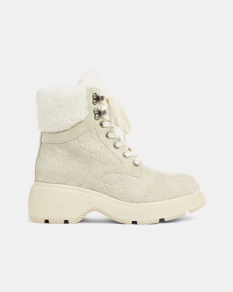 Gucci Lace-Up GG Suede White Ankle Boots - 1