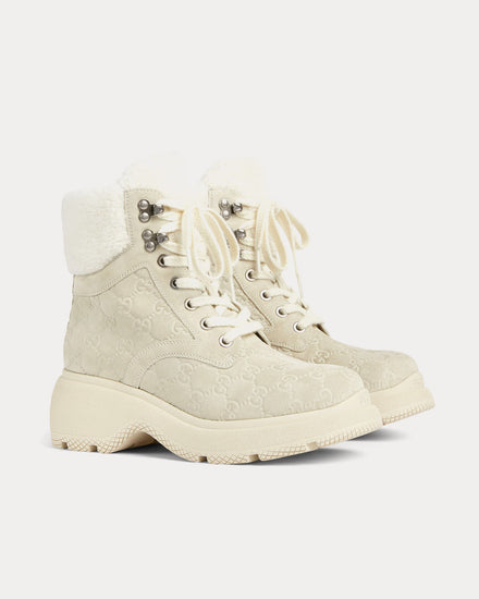 Gucci Lace-Up GG Suede White Ankle Boots - 3