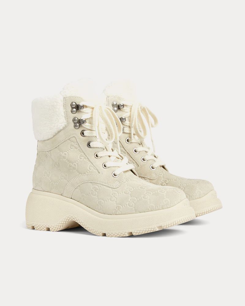 Gucci Lace-Up GG Suede White Ankle Boots - 3