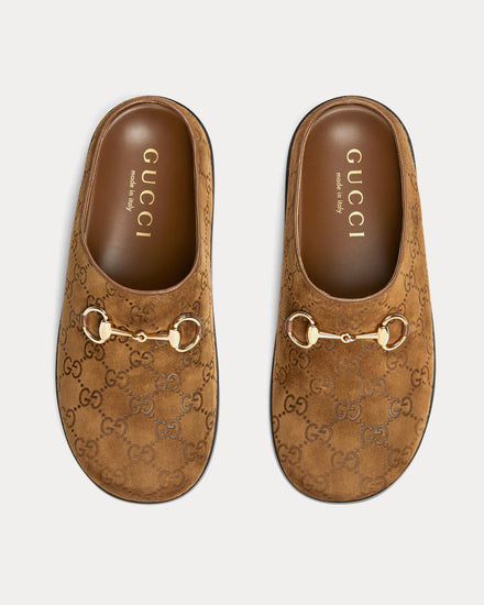 Gucci Horsebit GG Suede Brown Mules - 2
