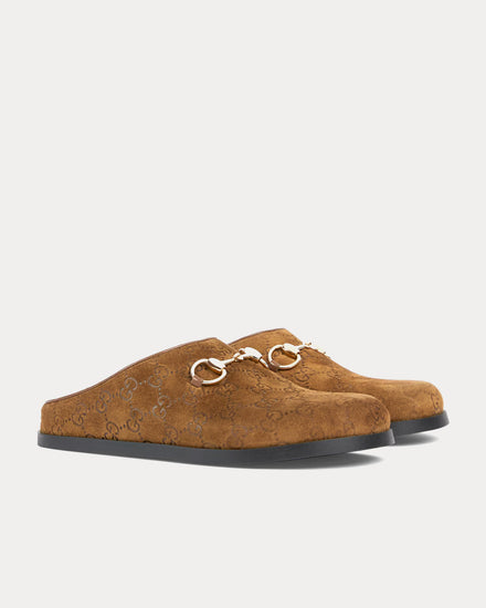 Gucci Horsebit GG Suede Brown Mules - 3