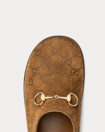 Gucci Horsebit GG Suede Brown Mules - 5