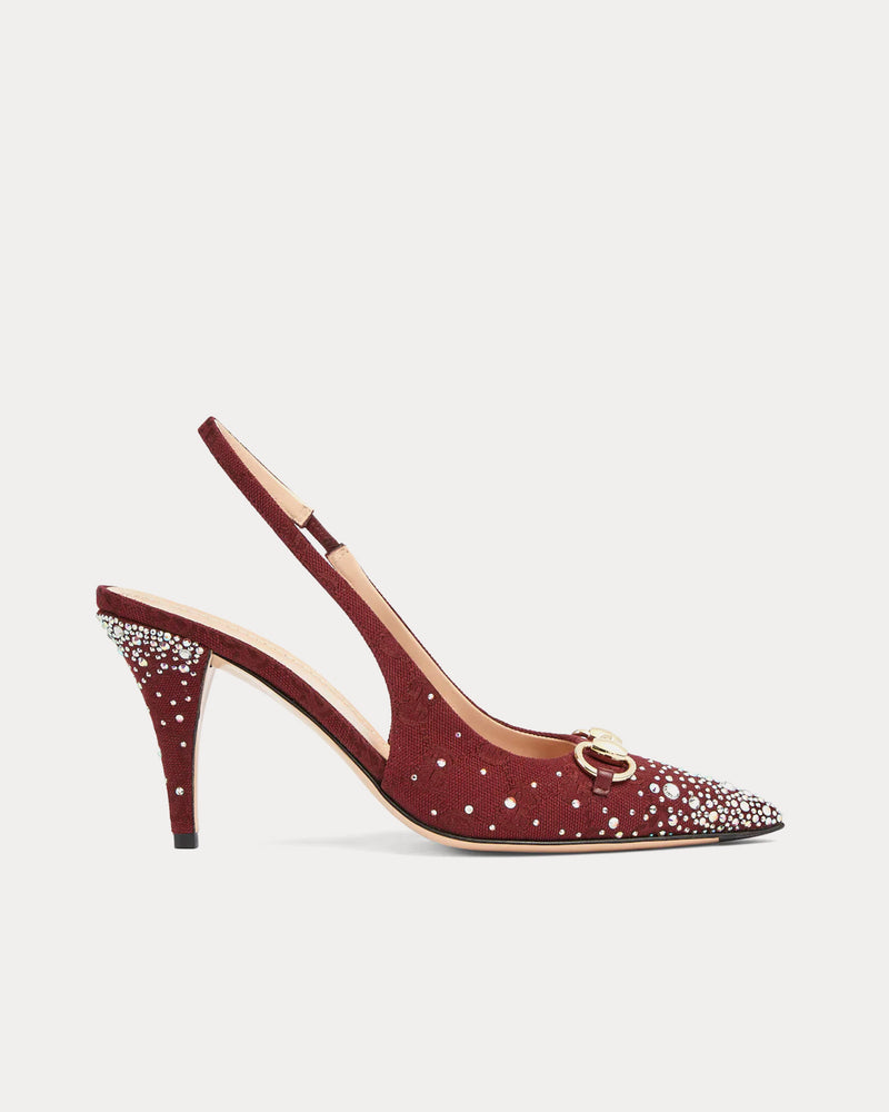 Gucci Slingback Pump with Crystal Horsebit in Rosso Ancora Canvas - 1
