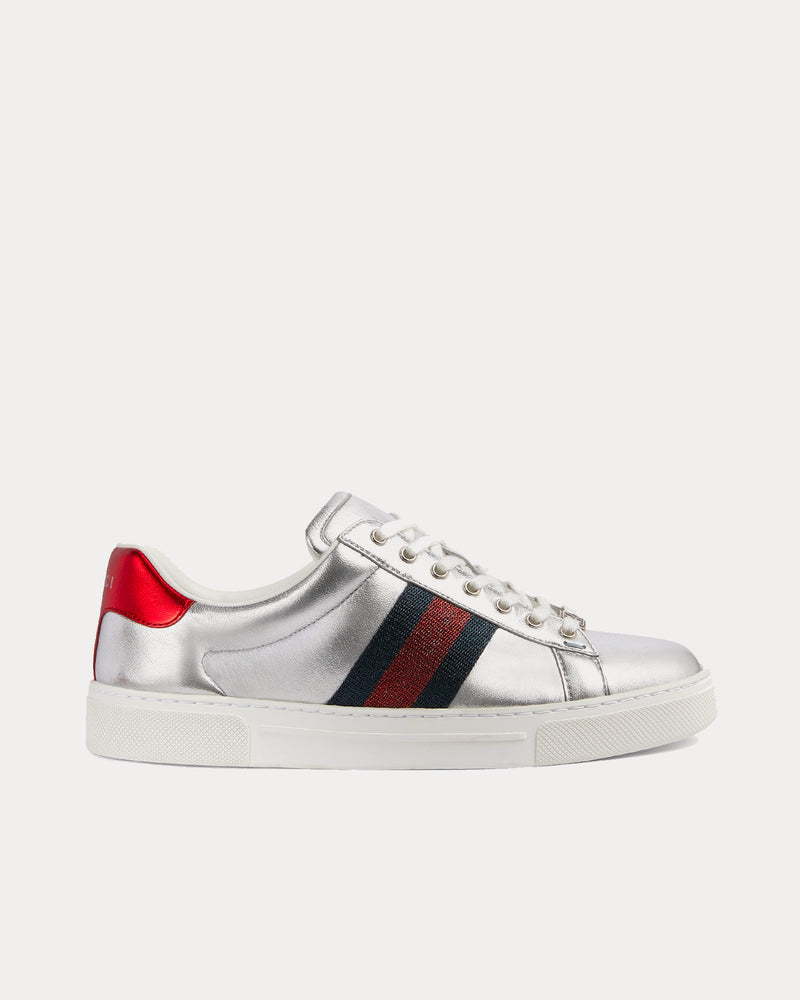 Gucci Ace Leather Metallic Silver Low Top Sneakers - 1