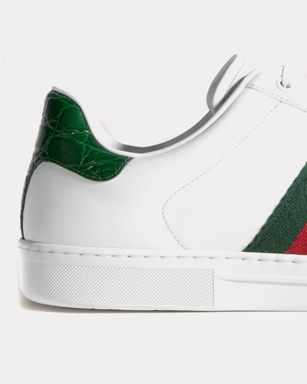 Gucci Ace with Trim & Crocodile-Print White / Green Low Top Sneakers - 6