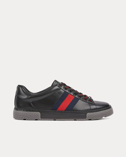 Gucci Ace with Web Leather Black Low Top Sneakers - 1