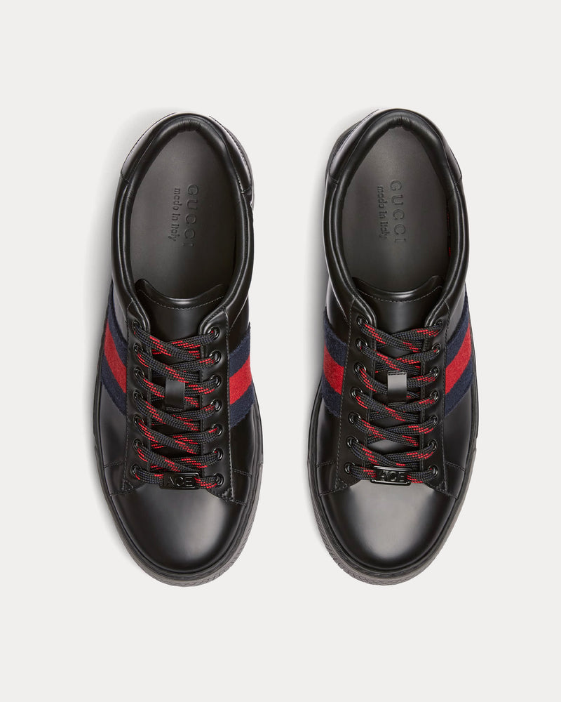 Gucci Ace with Web Leather Black Low Top Sneakers - 2