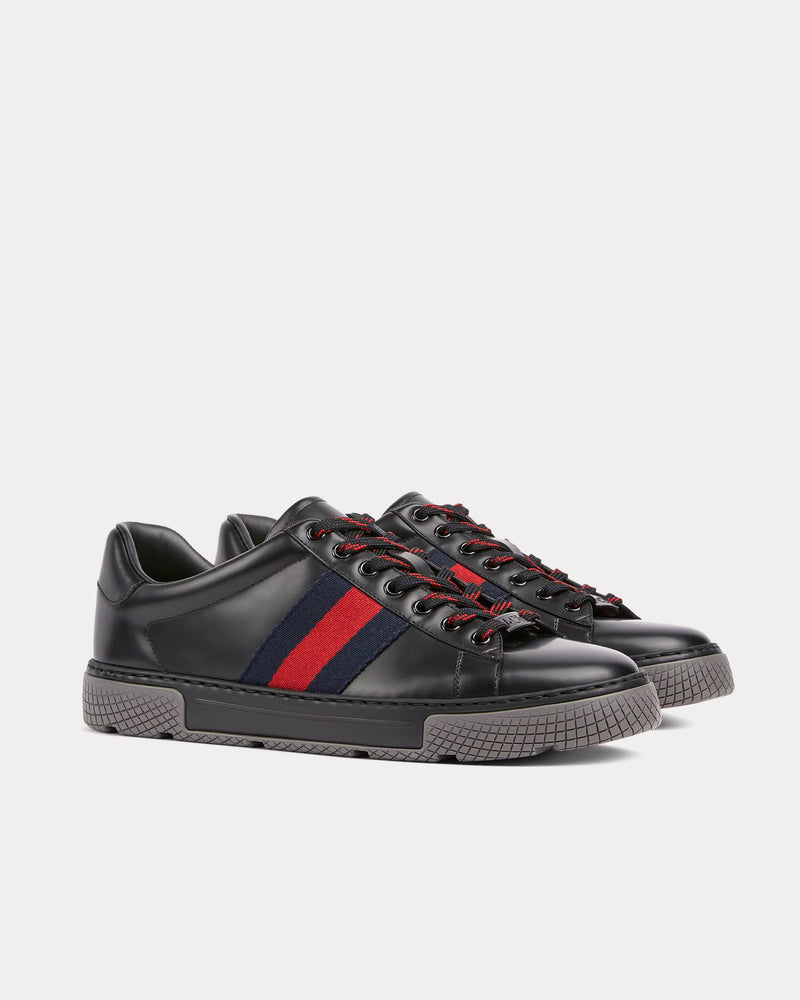 Gucci Ace with Web Leather Black Low Top Sneakers - 3